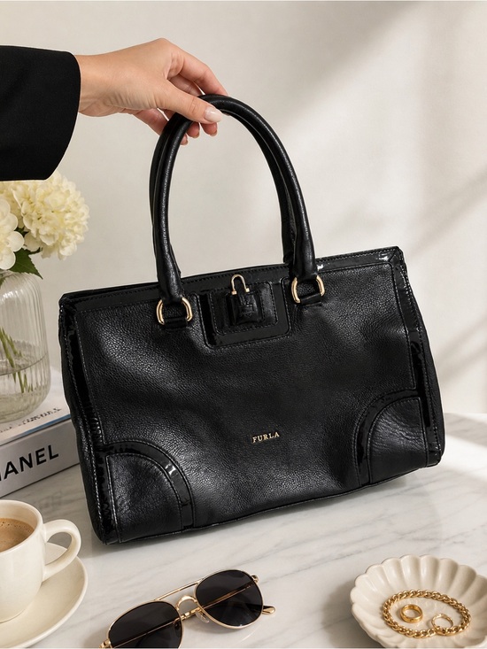 Furla Handbags - Furla Black Leather Tote Bag Gold Hardware Structured Satchel Purse